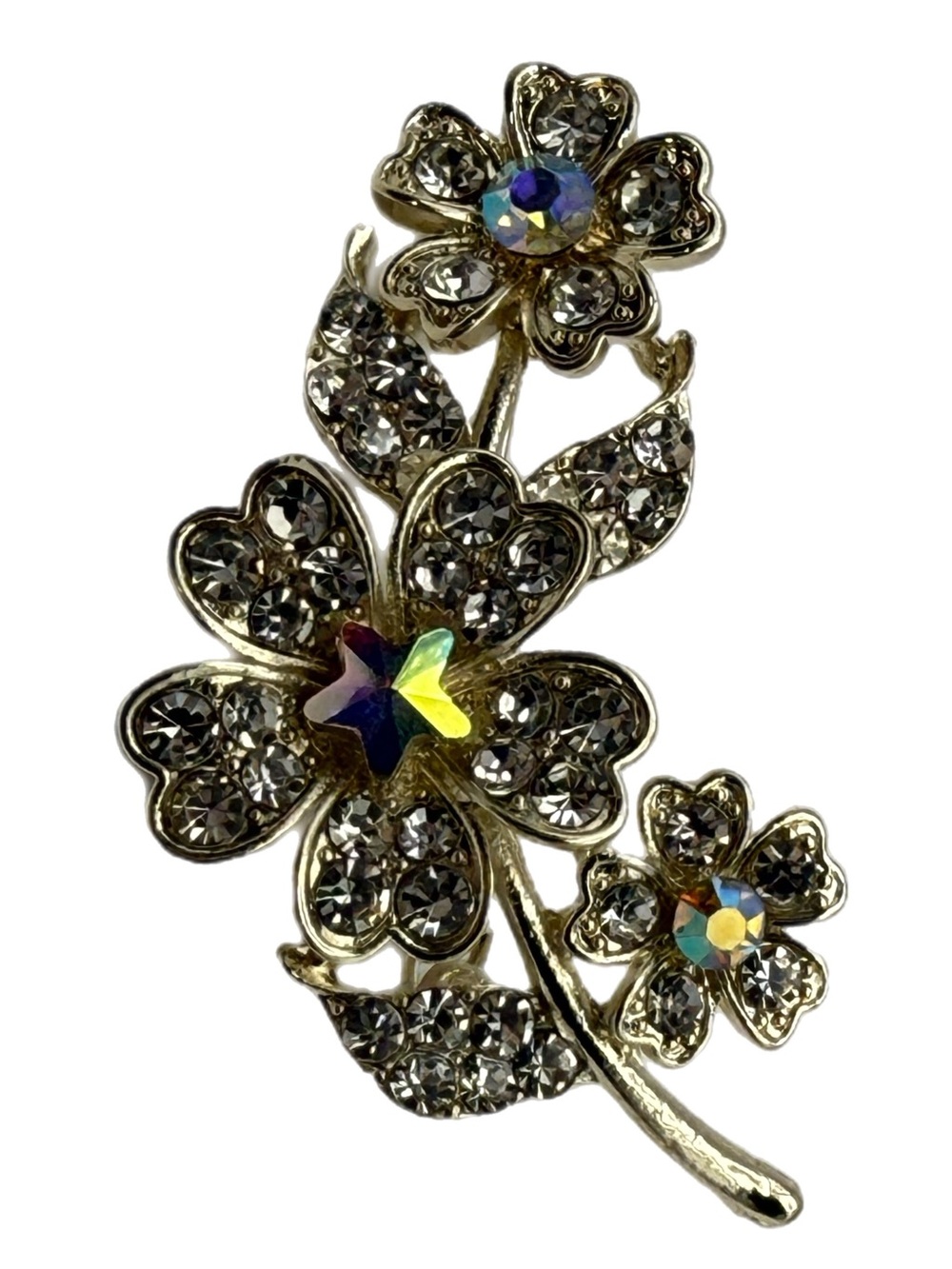 Gold-Tone Crystal Flower Brooch with Aurora Borealis Centers